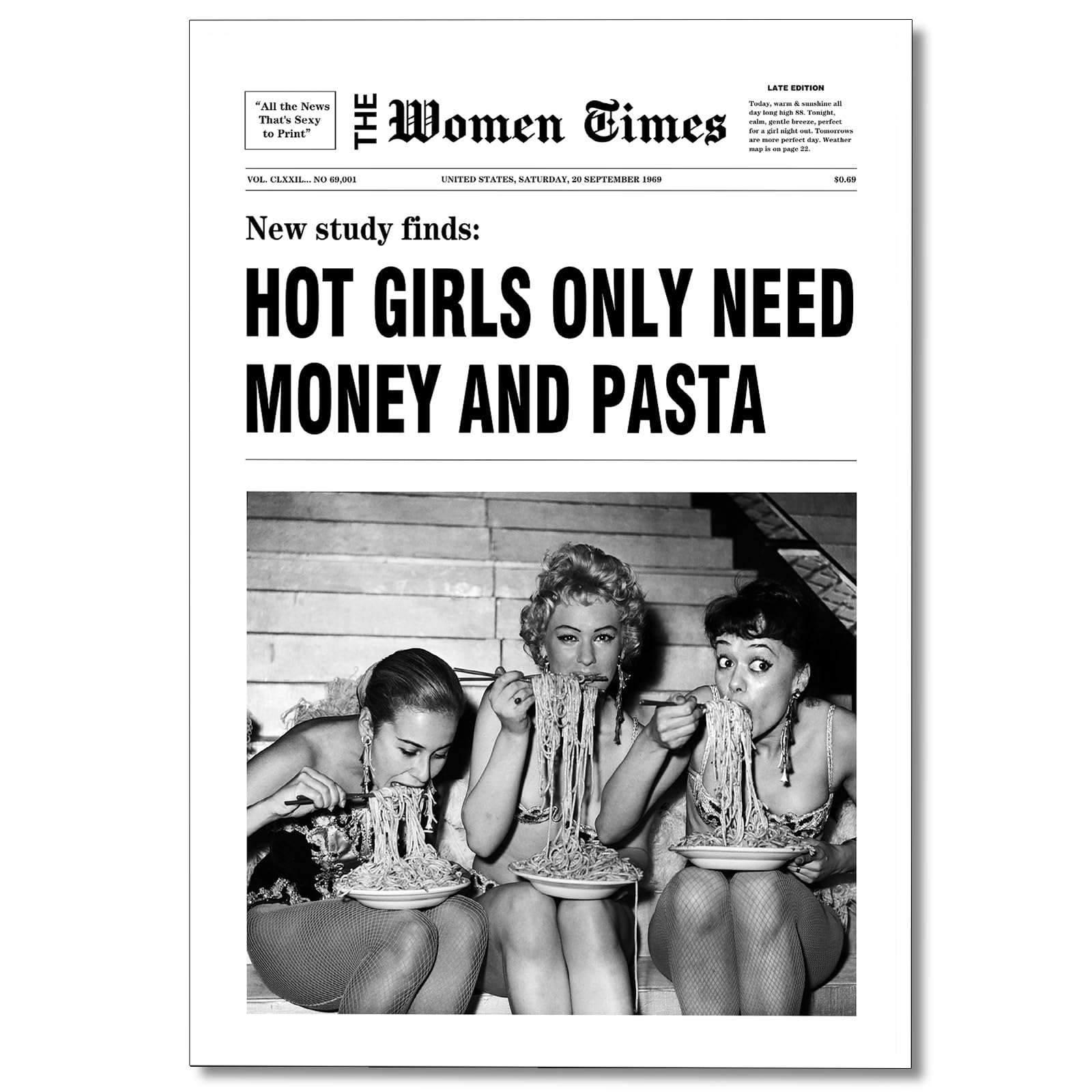 Vintage Black and White Canvas Wall Art, Girls Having Fun Newspaper Print Room Aesthetic Poster, Women Eating Pasta Art, Trendy Funky Girly Bedroom Bar Cart Wall Decor 12x16in Unframed
