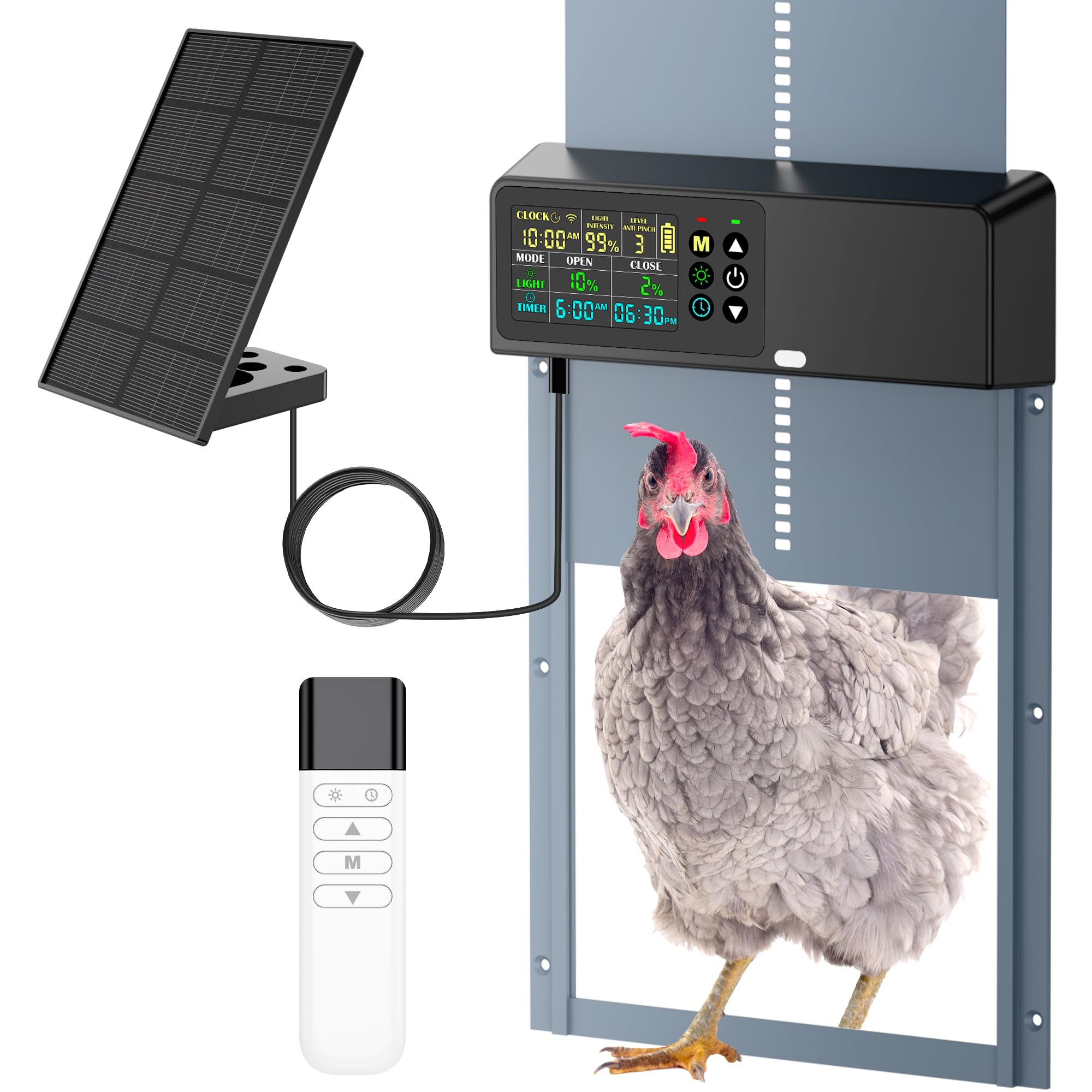 Photo 1 of Tiflev Automatic Chicken Coop Door Solar Powered with Programmable Remote, 4 Modes Combo Light and Timer Aluminum Chicken Door with LCD Color Display