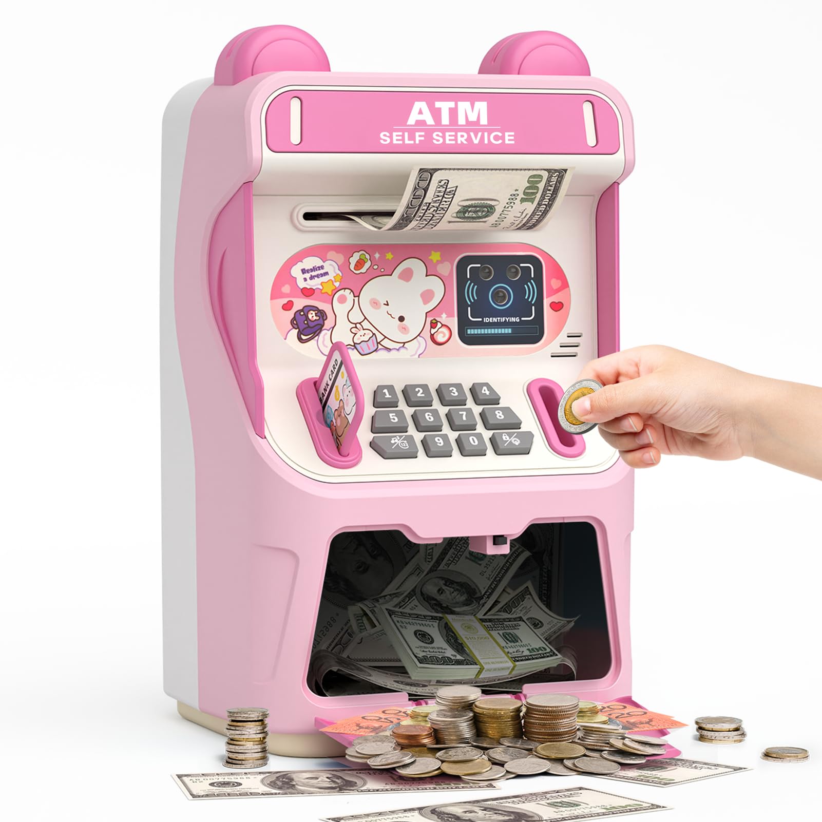 Photo 1 of (((Broken))))Rabbit ATM Piggy Bank for Girls with Automatic Bill Roller, Electronic Coin Bank with Simulated Card Slot & Facial Recognition, ATM Money Saving Box with Music Function for Kids(Pink)