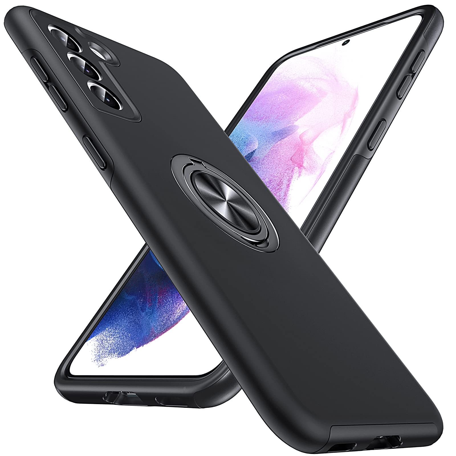 Anqrp Hidden Series Case for Galaxy S21 5G, [Embedded Kickstand][Military Shockproof] Rotate Magnetic Ring Stand Heavy Duty Multi-Layer Protective Cover for Samsung Galaxy S21 6.2", Black