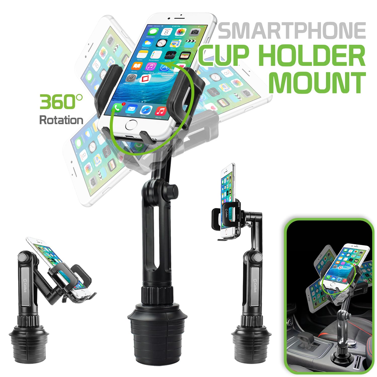 Cellet Car Phone Holder Mount, Car Cup Phone Holder Mount, Compatible with Apple iPhones, Samsung Galaxy Smartphones, Motorola Moto Google Pixel (Fits for Tesla Model 3 Y S X) Extra Long Neck