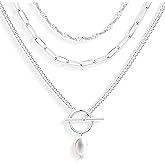 Poxtex Layered Gold Necklaces for Women, Stackable Dainty 14K Gold Silver Plated Trendy Simple Heart Diamond Cross Bow Circle Pendant Paperclip Choker Dot Chain Necklace,Jewelry Set Gifts for Women