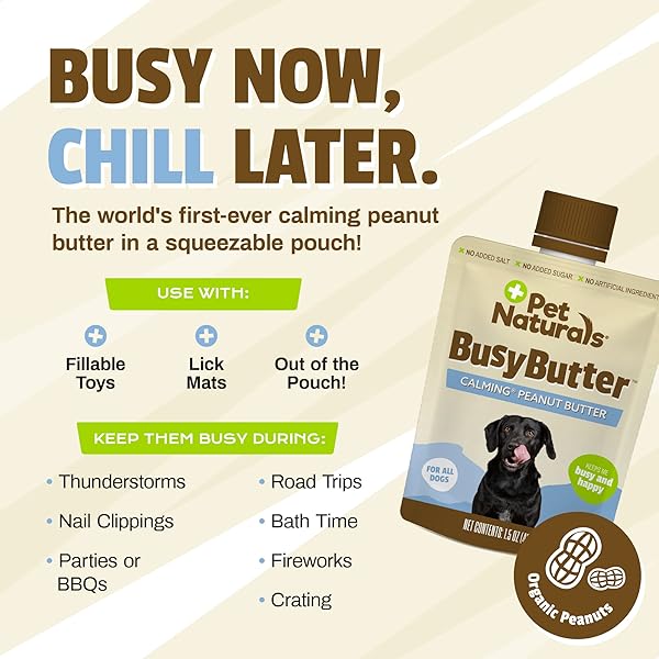 PET NATURALS BUSYBUTTER EASY SQUEEZE CALMING PEANUT BUTTER FOR DOGS, 6 POUCHES – GREAT FOR TREATS, LICK MATS, TRAINING, CALMING, AND OCCUPIER TOYS, BUSY BUTTER, 1.5OZ (PACK OF 6)