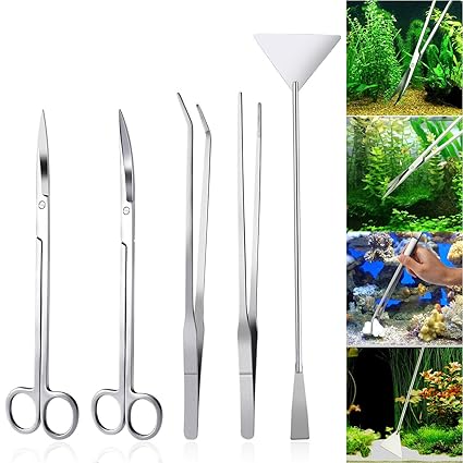 UEETEK 5 in 1 Edelstahl Aquarium Aquascaping Kit Aquarium Tank Aquatic Pflanze Werkzeuge Sets Pinzette Scissor Spatel