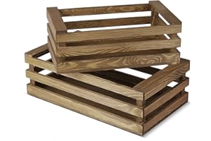 Flexzion Wooden Crate Box with Handles - 2 Pack Rustic Brown Style Finish Vintage Wooden Crates for Display Nesting Storage H