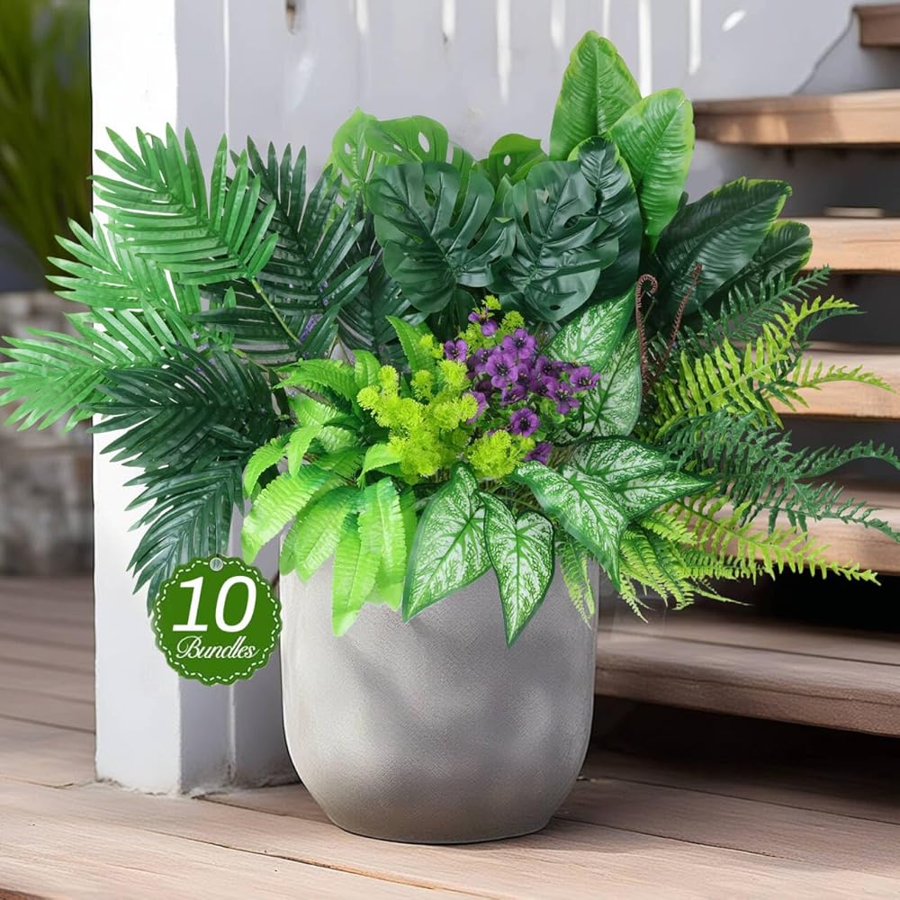 Faux Greenery Ferns Outdoor Artificial Plants UV Resistant, Tall Fake Monstera Palm Boston Fern Bird of Paradise Mixed,10Bund