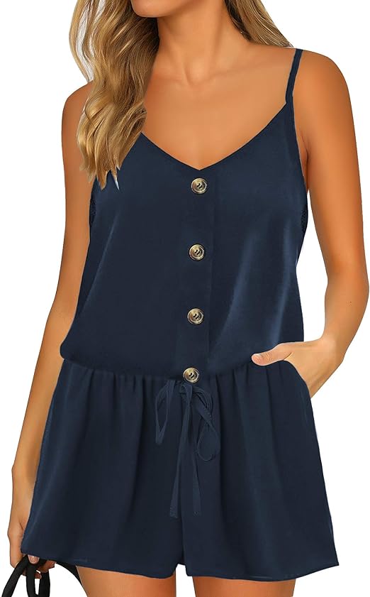 Amazon.com: Vetinee Women's Navy Blue Summer Spaghetti Straps Buttons Romper Pockets Sleeveless 