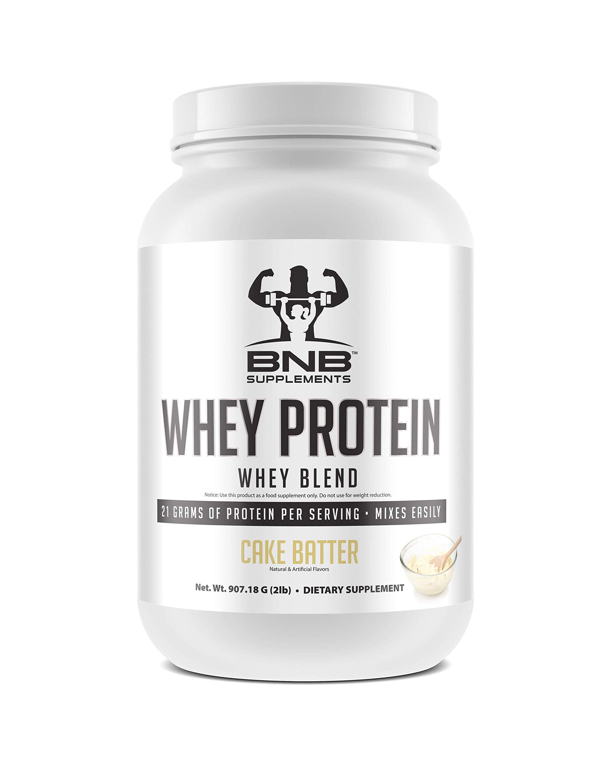 BNB 100% Whey Protein - Cake Batter Flavor - 21g of Protein per Serving - 2lb Tub - Mixes Easily - Delicious Protein Recovery Shake - by BNB Supplements