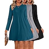 Huukeay 3 Pack Women's T Shirt Dresses, Long Sleeve Crew Neck Tunic Dresses Casual Loose Plain Dress Basic Swing Flowy Dress