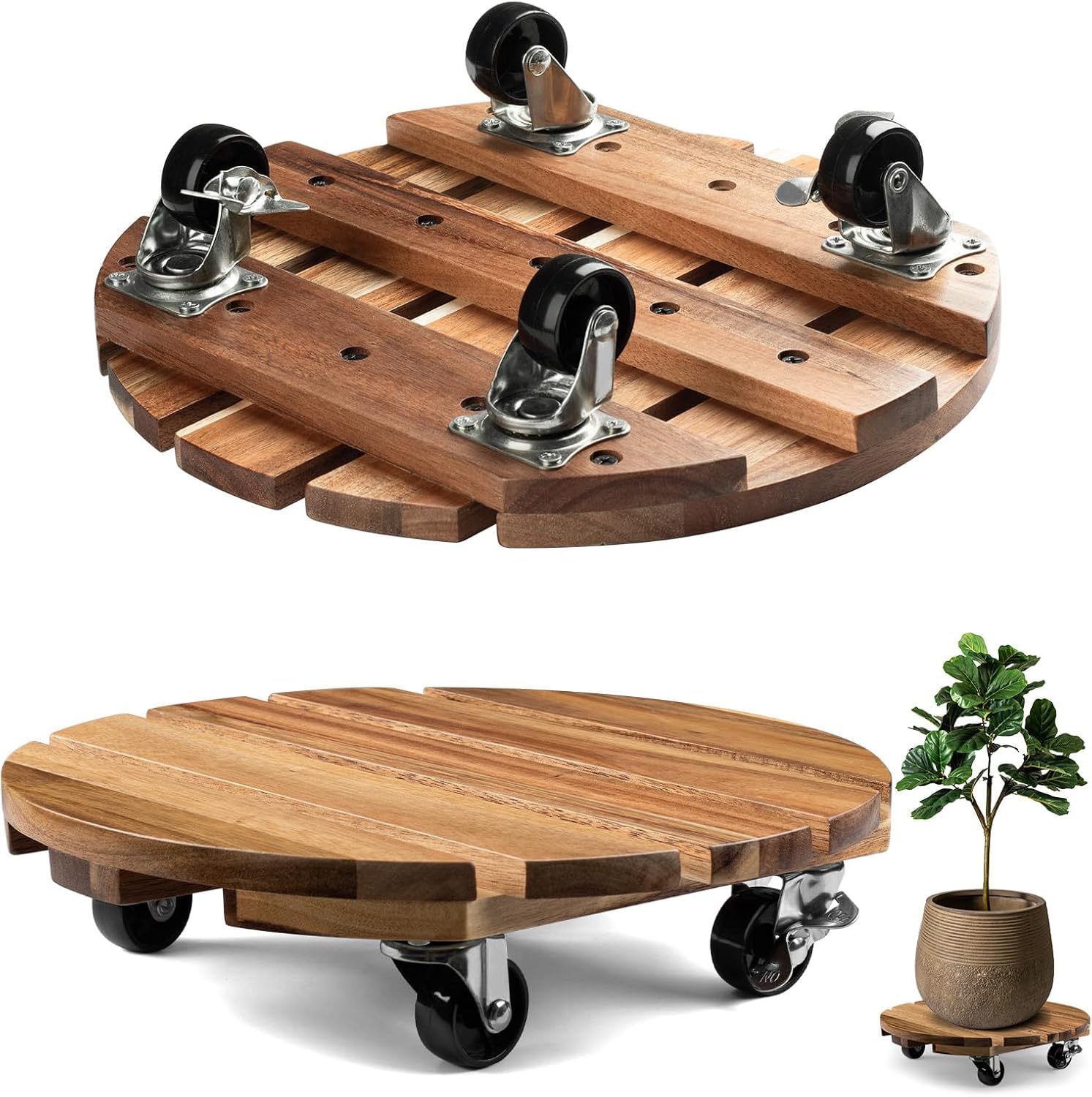 BURNTROP 2 Pack Wooden Plant Stands with Wheels, Outdoor & Indoor, Heavy Duty Rollers with Brakes