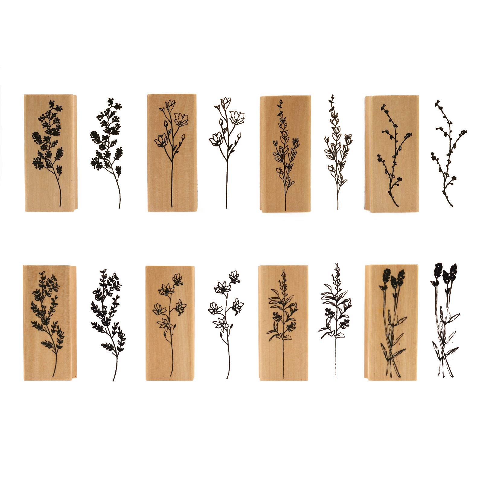 Wooden Rubber Stamp Set, NogaMoga 8 Pieces Plants Patterns Decorative Wood Mounted Rubber Stamps for Scrapbooking, Planners, Card Making and DIY Crafts