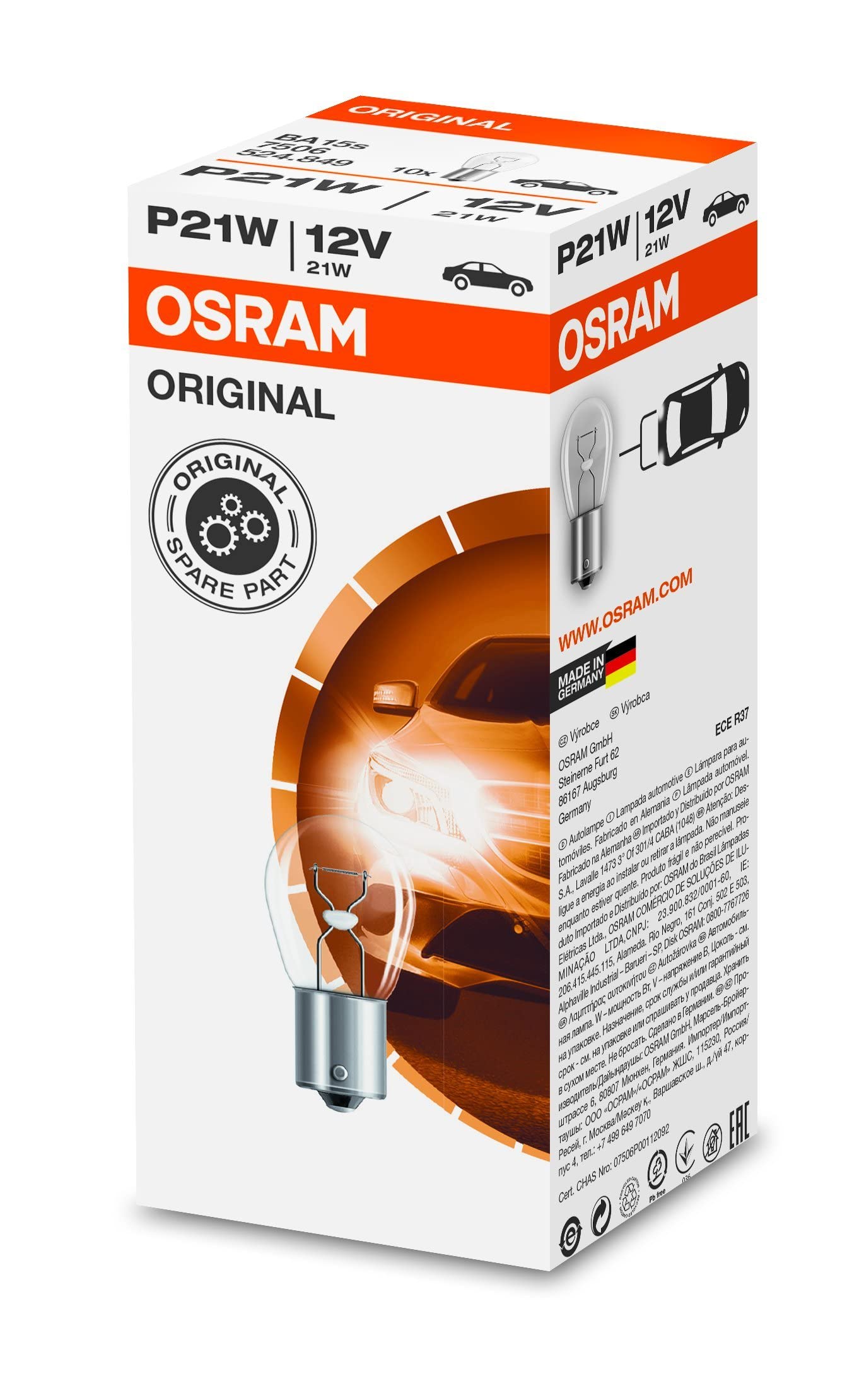 Osram 7506 Original Lamps with Metal Bases, 12 V, 21 W, Set of 10