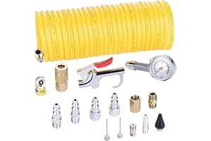JOROY 16 Pieces Air Compressor Accessories Kit, 1/4 Inch x 25 feet Recoil Nylon Air Compressor Hose Kit, 1/4" NPT Quick Connect Air Fittings, Tire Inflator Gauge, Blow Gun, Air Chuck