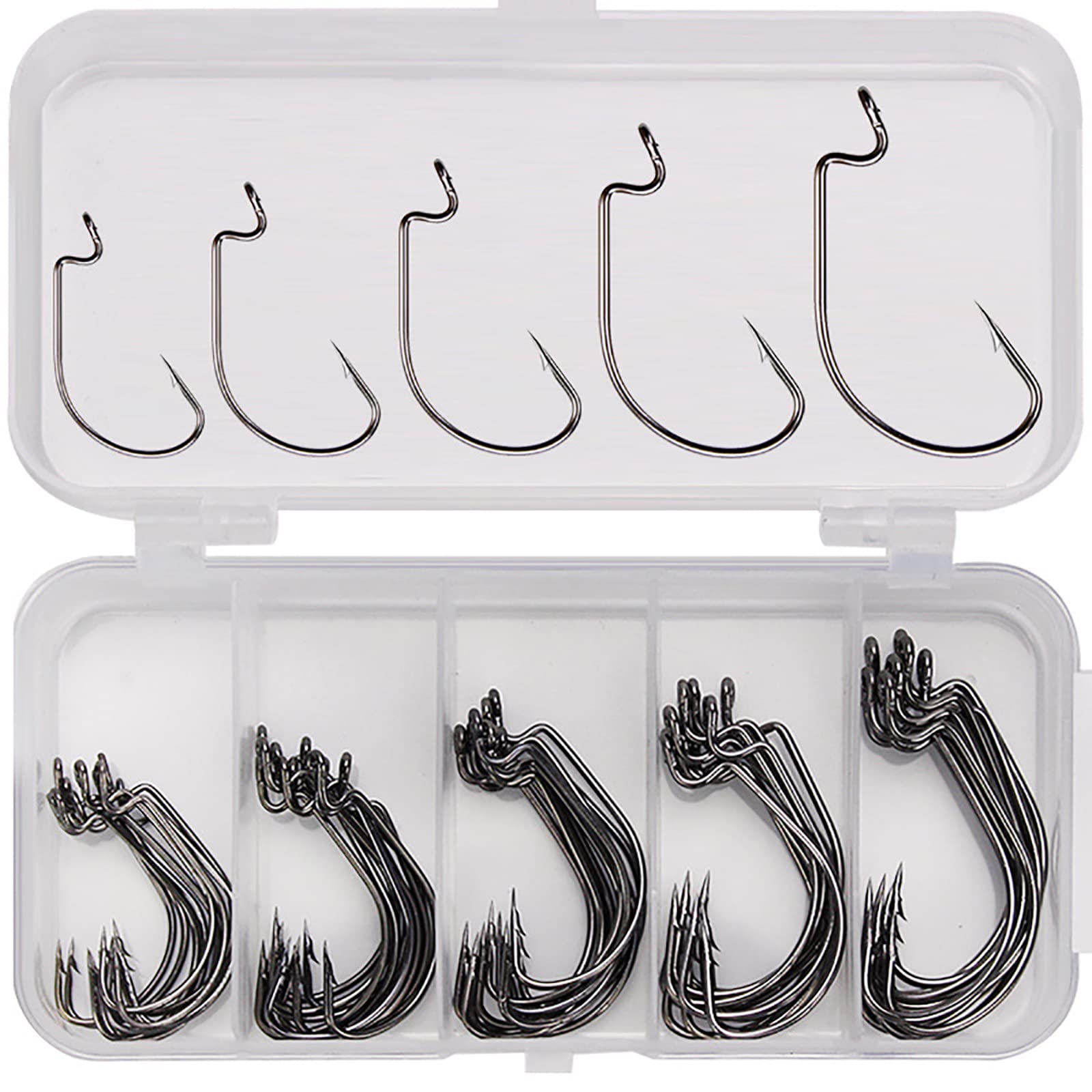 WUDQIJI Fishing Hooks Set of 50 Offset Hooks Dropshot Hooks Saltwater Fishing Hooks Offset Worm Fishing Hooks Offset Worm Hooks with Plastic Boxes in 5 Sizes for Rubber Bait