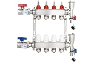 FAHKNS Floor Heating Manifold Kit, 4-Branch Radiant Heating Manifold 1/2" Adapters Stainless Steel Radiant Heat Pex Manifold Set