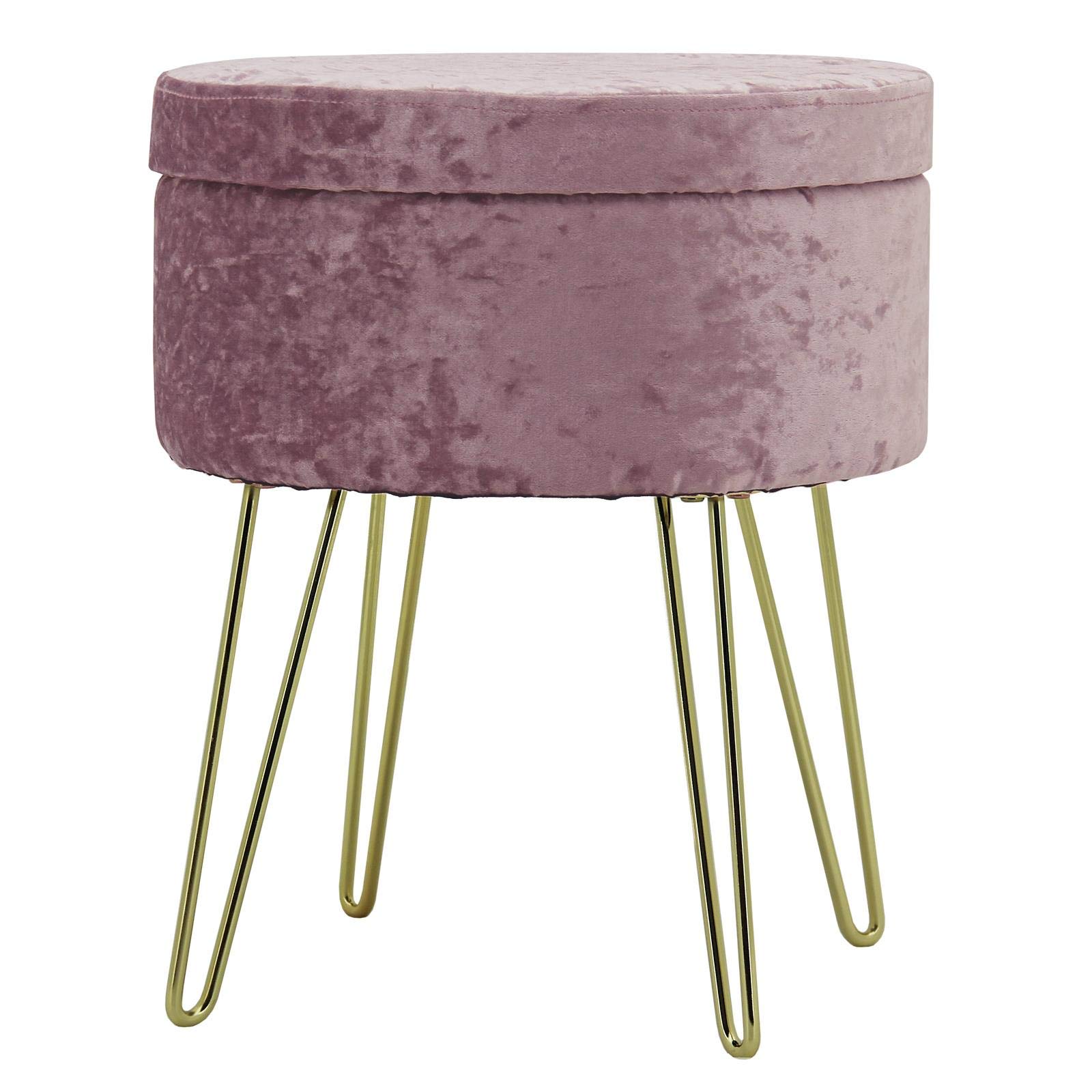 Hodge and Hodge Aria Light Pink Crush Fabric Storage Stool Chair with Footrest Velvet Home Dressing Table Accessory - Footstool Metal Legs Furniture - Small Footstools