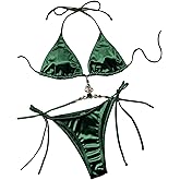 Falainetee Women's Satin 2 Piece Rhinestone Bathing Suit High Waisted Swimsuit Bikini Set