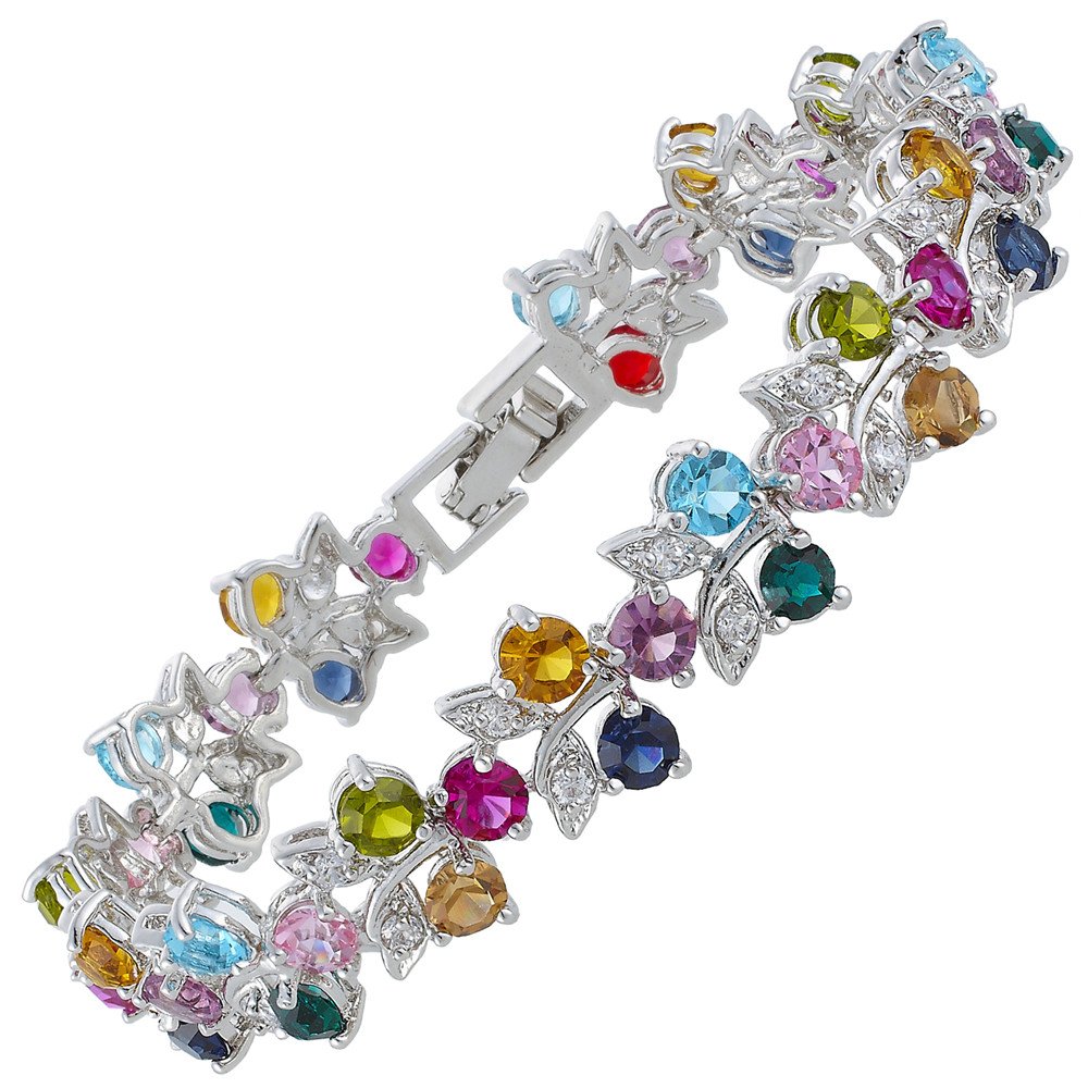 RIZILIA Tennis Bracelet [18cm/7inch] with Round Cut Gemstones CZ [Multi Coloured] in 18K White Gold Plated, Simple Modern Elegance