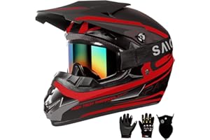 CUTEY Youth Kids Motocross Helmet, Adult ATV Dirt Bike Helmet, Off-Road BMX 4-Wheeler Full Face Motorcycle Helmet W/Goggles Gloves & Mask, DOT Approved, Red, M