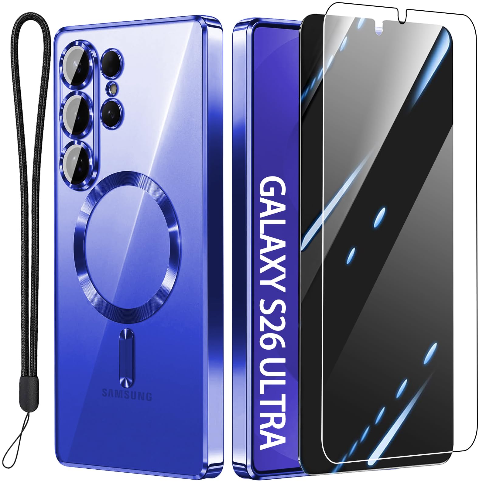 DGIVLAZ Glossy Luxury Magnetic for Samsung Galaxy S26 Ultra Case with 2X Screen Protector & Camera Protector,Compatible with MagSafe Slim Clear Drop Protection Cover for Galaxy S 26 Ultra-Blue