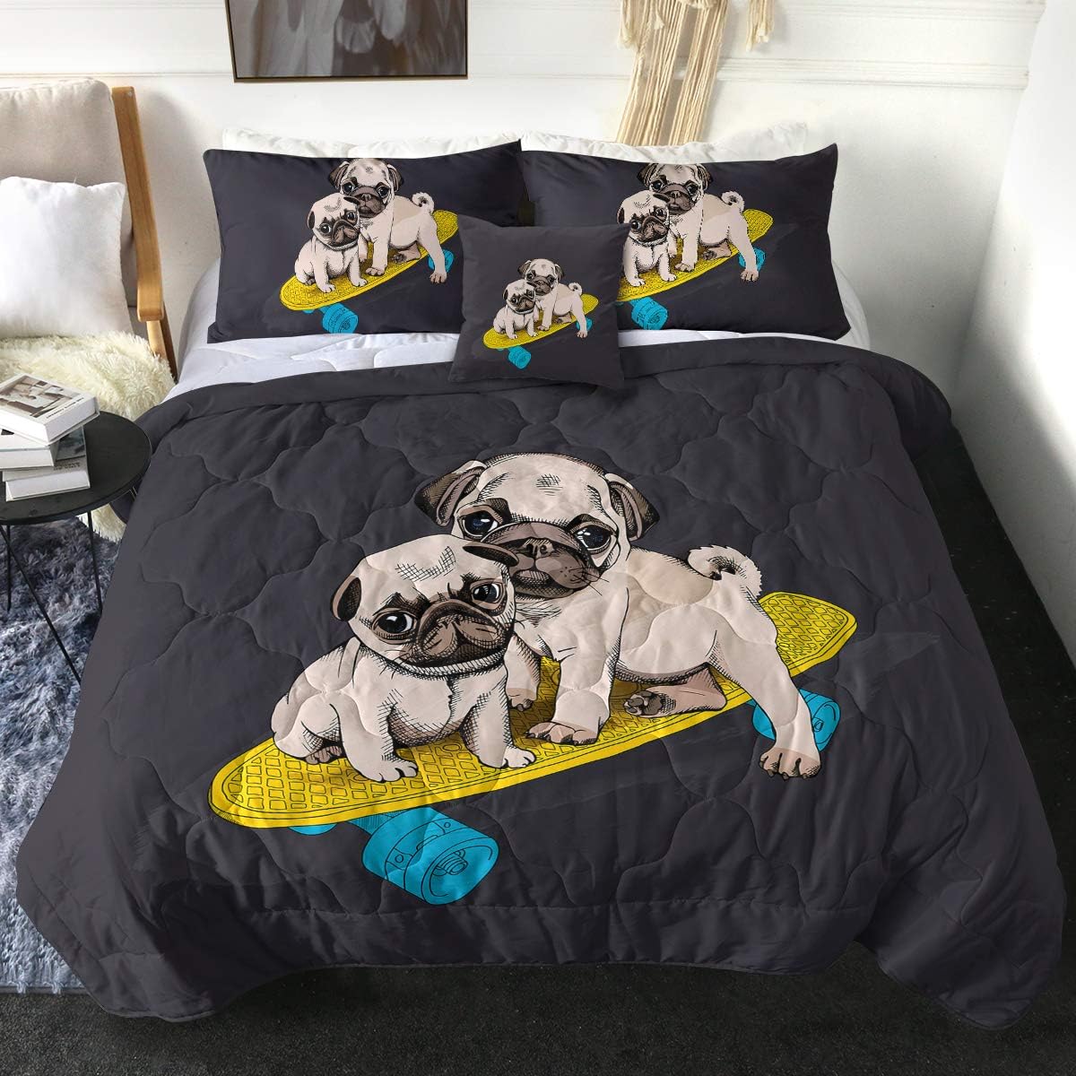 Amazon Com Sleepwish Pug Comforter Set Twin 4 Piece Dog Bedding Sets Grey Kids Reversible Comforter Puppies On Skateboard Funny Bed Set For Kids Girls Boys 1 Comforter 2 Pillow