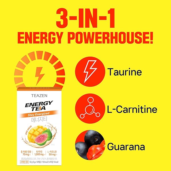TEAZEN ENERGY DRINK POWDER, 70MG NATURAL CAFFEINE WITH BLACK TEA EXTRACT, TAURINE & L-CARNITINE, SUGAR-FREE ENERGY MIX FOR FOCUS & ENDURANCE, 10 ON-THE-GO PACKETS, 1.76OZ