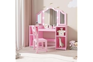 Garvee Kids Vanity Table, Princess Touch Light Tri-Fold Mirror, Open Shelves, Wooden Makeup Playset with Chair, Pink