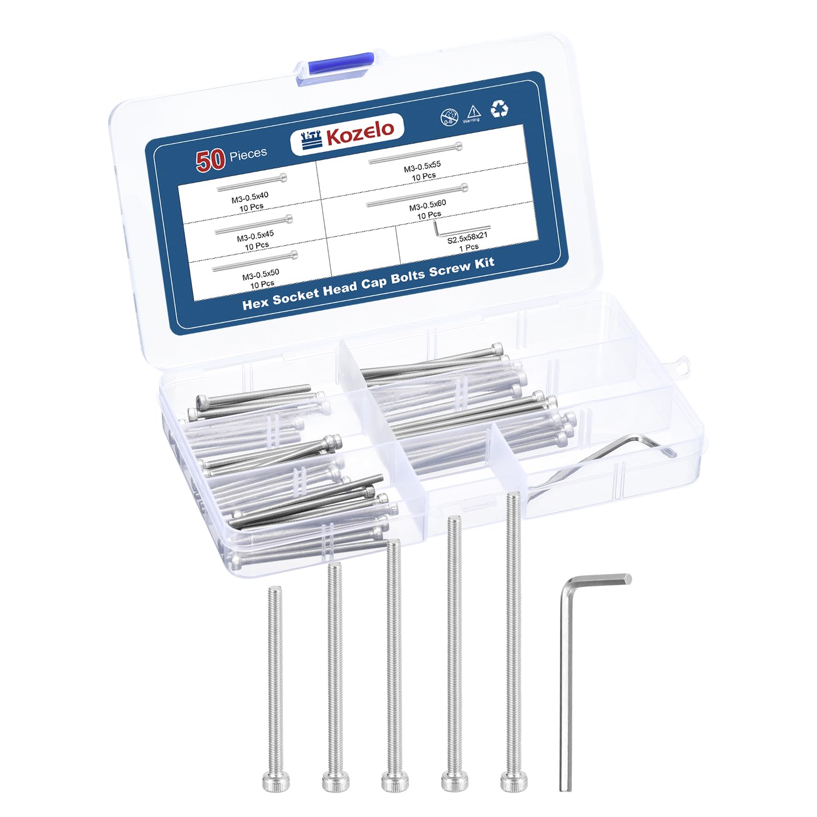 Kozelo 50pcs M3 Socket Head Cap Screws Bolts Nuts Assortment Kit - [M3x40/45/50/55/60mm] 304 Stainless Steel Allen Socket Drive for 3D Printer with Allen Wrench