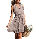CUPSHE Women's Summer Dresses 100% Cotton Plaid Ruffle Sleeve V Neck Tie Front Smocked Mini Dress