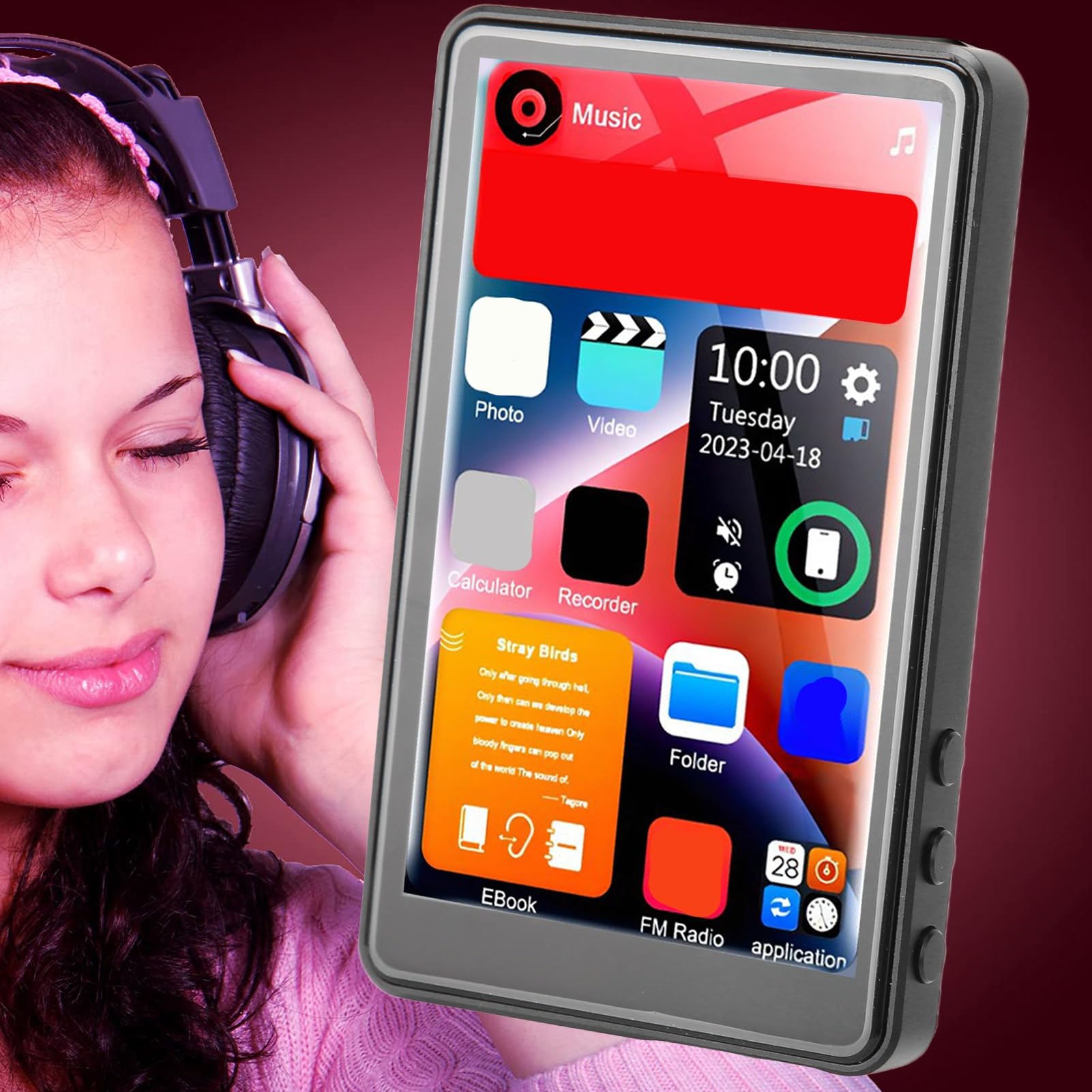 MP3 Player Bluetooth 5.0, 4in Full Touch Screen HD Music Player, 16GB Memory, Type C Fast Charging, Support Recorder Video Play Electronic Dictionary FM Radio (16GB RAM and 32GB Memory Card)