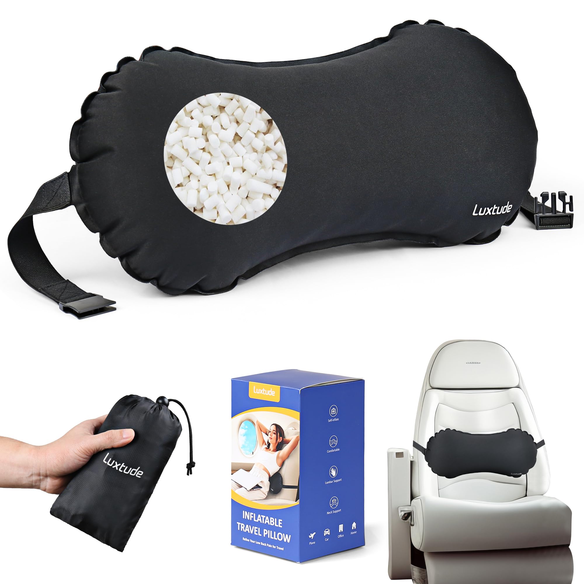 Luxtude Inflatable Lumbar Pillow for Airplane Travel, Lumbar Support Pillow for Office Chair/Car, Inflatable Travel Pillow Back Support Pillow Neck Pillow, Lower Back Pillow for Reducing Lumbar Pain