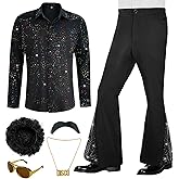 BONGZUO 70s Outfits for Men 6 Pcs Disco Outfit Retro Costume with Bell Bottom Pants
