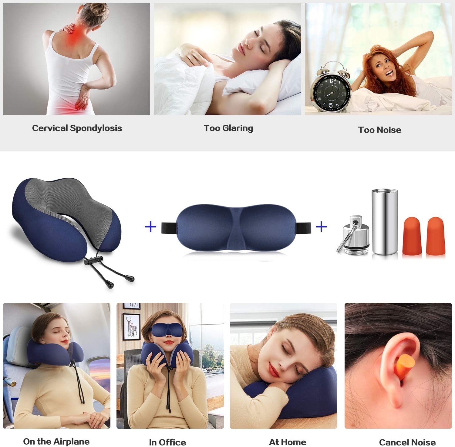 Travel Pillow 100% Pure Memory Foam Neck Pillow,Comfortable&Breathable Cover,Machine Washable,360° Neck&Head Support Pillow Travel Kits with 3D Sleep Mask/Earplugs/Luxury Bag,Great for Airplane/Travel: Kitchen & Dining