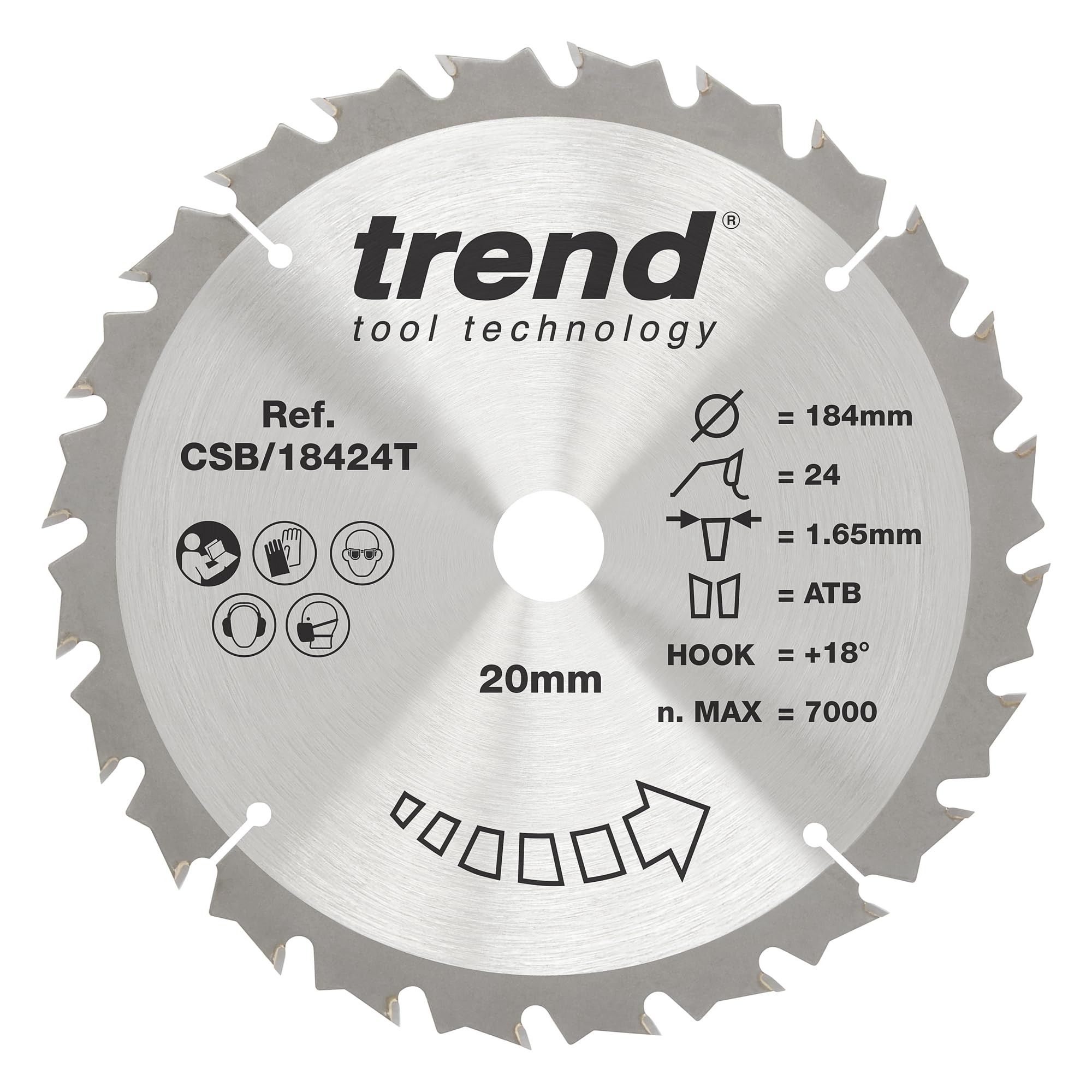 Trend Wood Cordless Circular Saw Blade, 184mm Diameter, 20mm Bore, 24 Teeth, 1.65mm Kerf, +18° Hook, TCT, Medium Finish, CSB/18424T