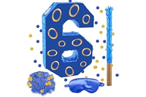 RUISUER 16 Inch Number 6 Double Sided Printing Blue Gold Ring Pinata with 16 Inch Piñata Stick Blindfold Confetti for Boy Girl Kids 6th Birthday Party Decorations (6th)