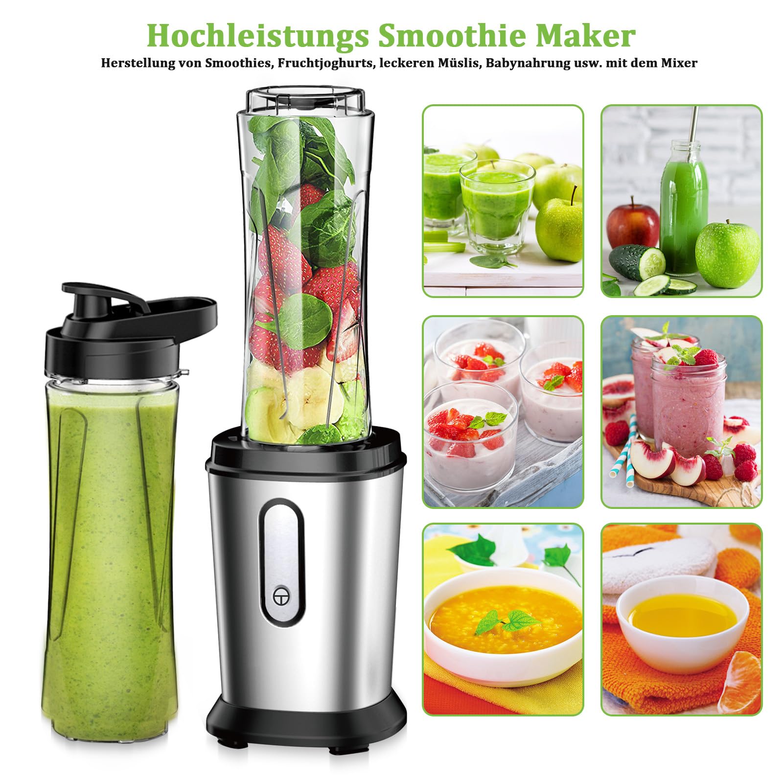Mixer, 500W Mini Standmixer & Smoothie Maker mit 2x600ml Flaschen BPA frei Tritan, Tragbarer Mixer Smoothie Maker aus Edelstahl 4-Blatt für Shake, Smoothie, Silber 2
