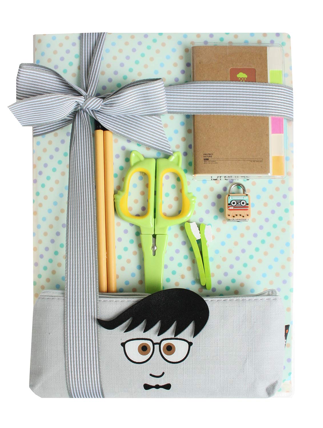 Emartbuy All in one Stationery Gift Set for Kids and Teens 9 Pcs School Supply Kit with Notebook Folder Pencil Case Scissors Pencils Erasers Lock and Fabric Ribbon Wrap