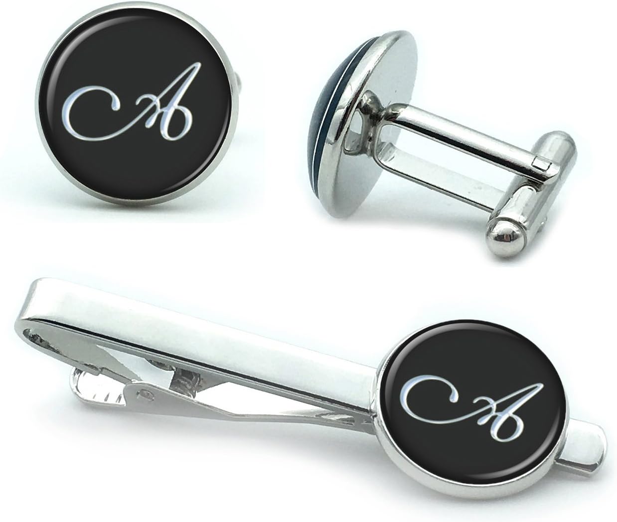 B Seve Mens' Personalized Initial Set of Cufflinks and Tie Clip Silver Suit Letter Cuff Link with Giftbox A-Z