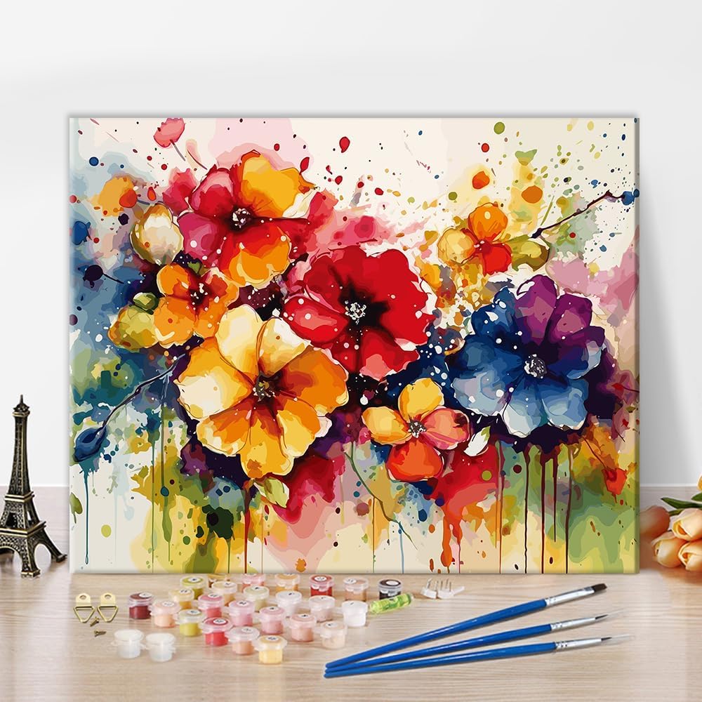Paintings - TUMOVO Flowers DIY Paint by Numbers for Adults with Brushes and Acrylic Pigment Abstract Floral Oil Hand Painting Kits Paintwork Art Crafts for Home 16