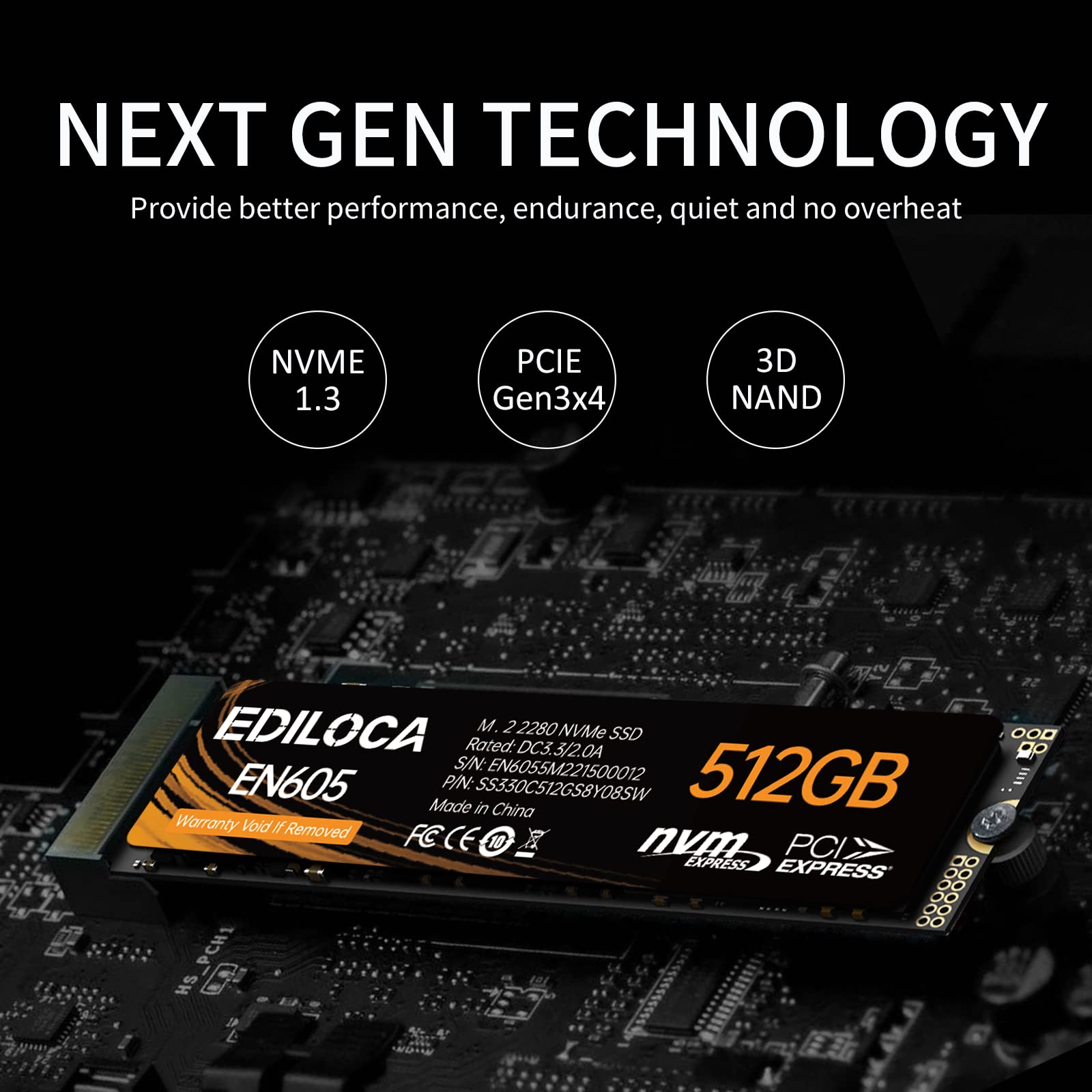Ediloca EN605 512GB M.2 SSD, NVMe1.3 PCIe Gen3 x4 SSD TLC, Internal Hard Drive, M.2 2280 - Read/Write Speed up to 2150/1600 MB/s - Internal SSD Compatible with Laptop & PC Desktop