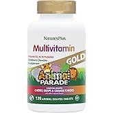 NaturesPlus Animal Parade Gold Children's Multivitamin - 120 Animal-Shaped Chewable Tablets - Assorted Cherry, Orange & Grape Flavors - Vegan, Gluten Free - 60 Total Servings