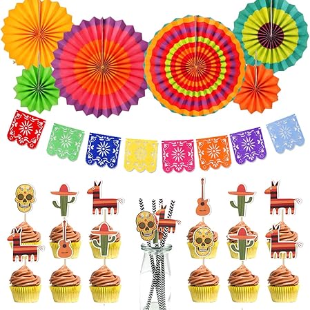 Amazon メキシコ死者の日 カラフル 飾り付け バナー ガーランド ペーパーファン ケーキスティック ハロウィン イベント装飾 ハロウィーン飾り おもちゃ