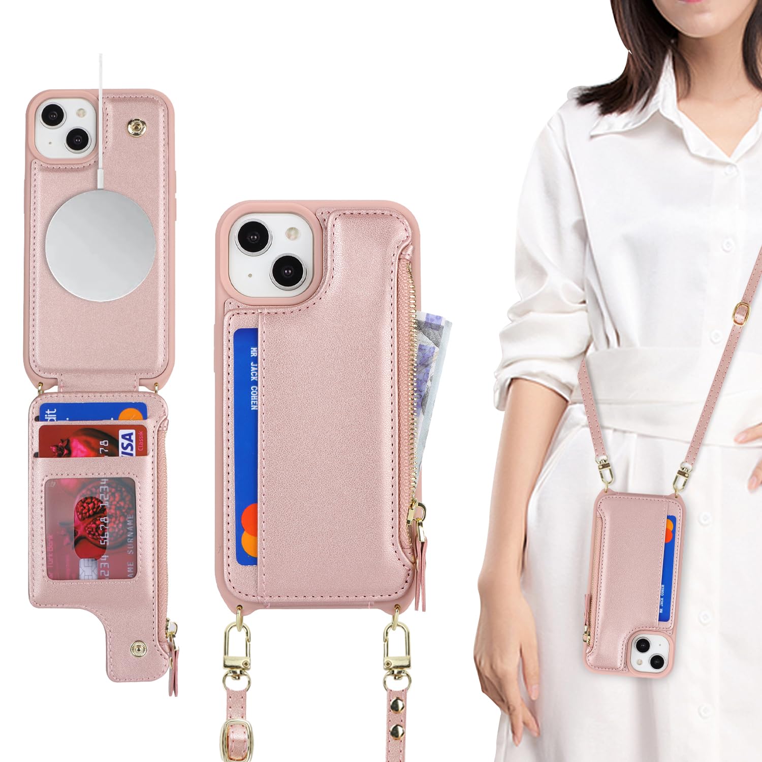 SailorTech for iPhone 14 Plus Case with Credit Card Holder magsafe, iPhone 14 Plus Phone Leather Case Wallet for Men Crossbody with mag safe Zipper Shockproof Case for Women - Rose Gold — image 1