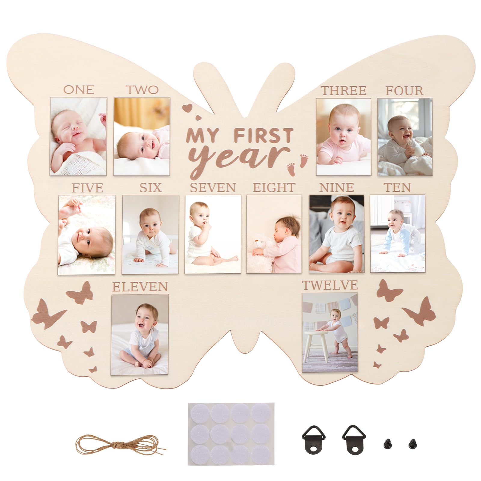 Photo 1 of My First Year Photo Display Sign from 1-12 Months Butterfly Picture Frame for First Birthday Party Decorations Milestone Monthly Wooden Board for Baby One Birthday Nursery Decor Baby Keepsake Gift