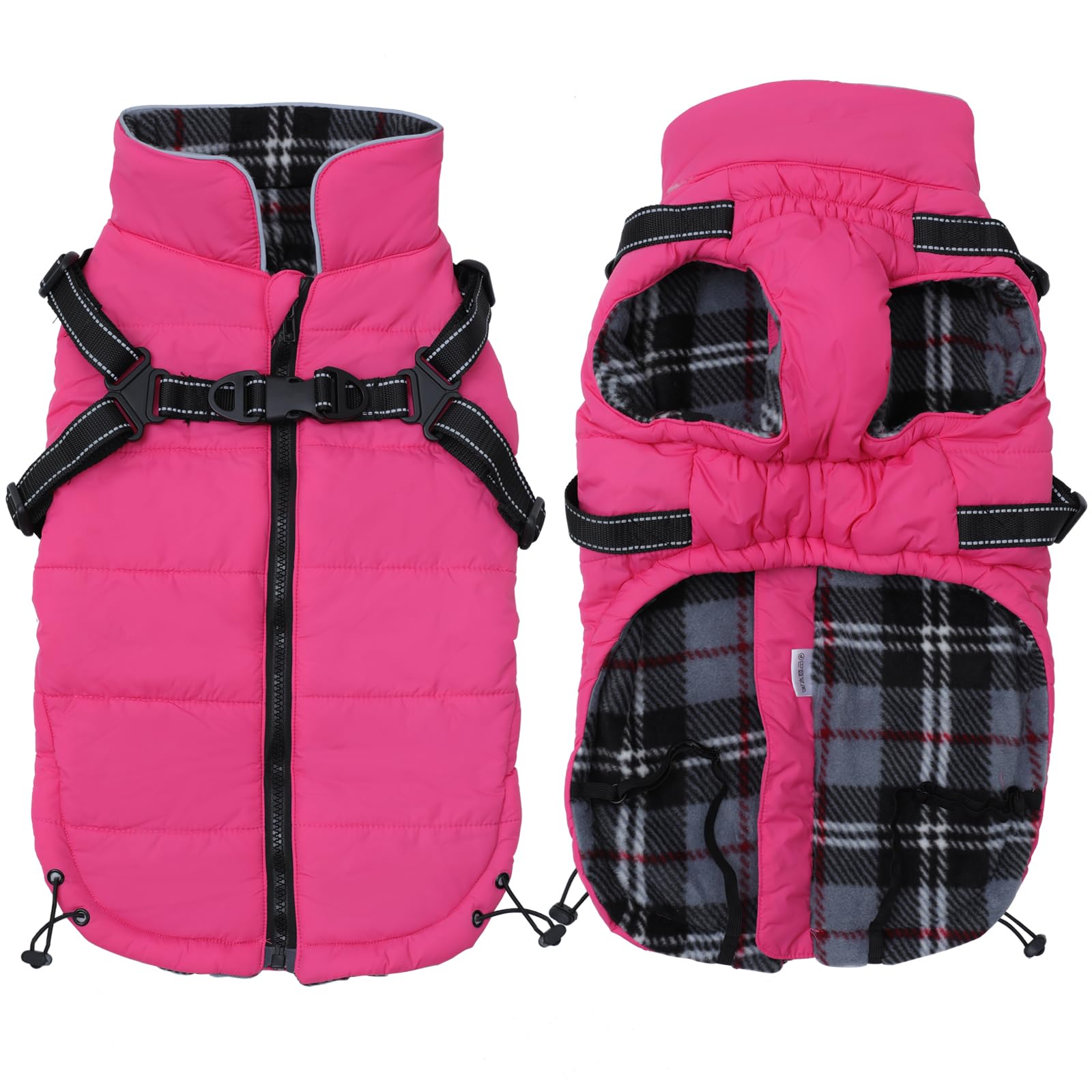 Warm Pet Dog Coats and Jackets,Waterproof Reflective Pet Dog Harness Vest Winter Puppy Clothes with Chest Strap, Outdoor Walking Adjustable Chest Strap-Pink-XL