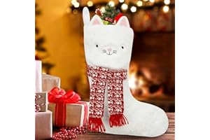 ALLYORS Large Xmas Stockings, Cat Christmas Stockings, Pet Hanging Stockings, Soft Plush Embroidery Stockings with 3D Scarf, White Christmas Stockings for Girl Pets Kitty, Cute Home Holiday Decoration Gifts