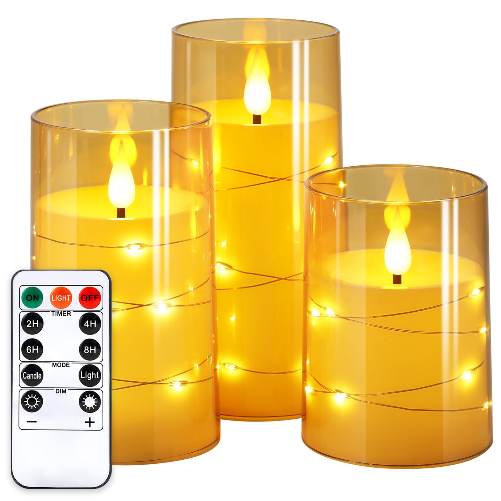 Photo 1 of NURADA Flickering Flameless Candles: Built-in Star String Lights Acrylic Battery Operated LED Pillar Candles with Remote and Timer for Romantic Mood Home Decoration - 3 Pack Gold