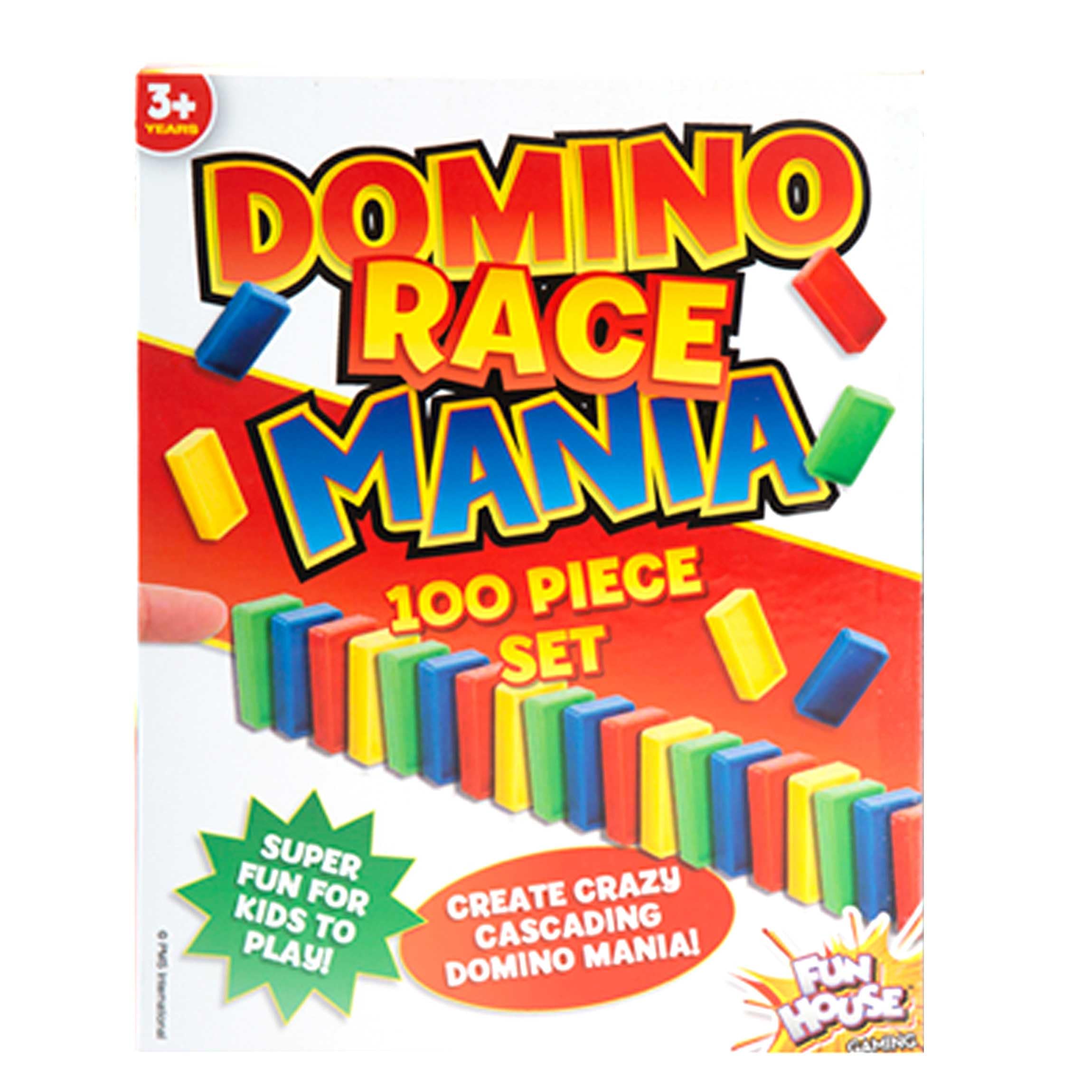 VFM - Domino Race Mania Set - Crazy Cascading Family Fun for Adults & Kids Aged 3+ Box Includes 100 Brightly Coloured Plastic Pieces - Fun House Gaming