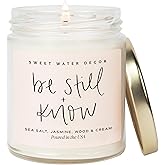Sweet Water Decor, Be Still and Know, Sea Salt, Jasmine, Cream, and Wood Scented Soy Wax Candle for Home - Christian Candle Gifts for Women - 9oz Clear Jar, 40 Hour Burn Time, Made in The USA