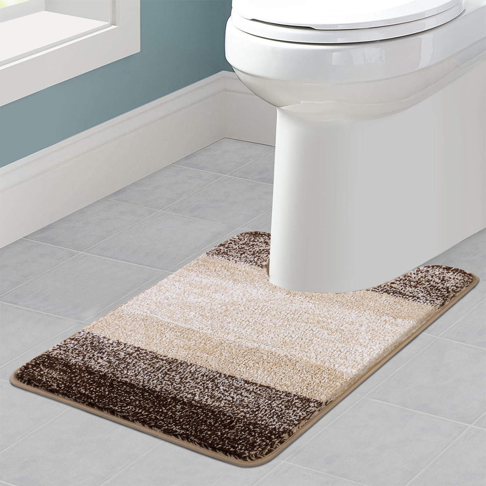 Enyhom U Shape WC Toilet Mat 50 x 60 cm, Ultra Soft Non Slip Pedestal Mat for Toilet Absorbent Washable Bathroom Toilet Rug Bath Mat, Coffee